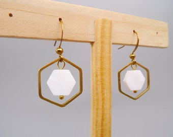 Geometric Earrings, Raw brass and Mother of Pearl earrings, Honeycomb Earrings, Hexagons Earrings