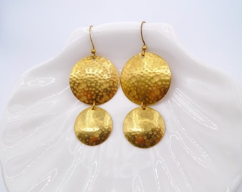 Hammered Raw Brass Circle Drop Earrings: Geometric Dangle