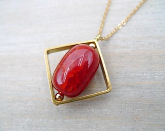 Red Agate Necklace: Raw Brass Square, Geometric Pendant