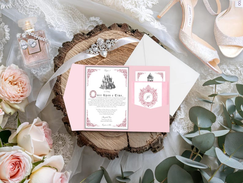 May include: A light pink wedding invitation suite featuring a castle illustration and the text Once Upon a Time, displayed in a pocket folder with a decorative monogrammed insert, surrounded by pink roses, a perfume bottle, and high-heeled shoes.