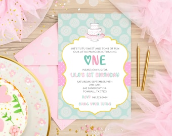 Tutu Sweet 1st Birthday Invitation | Pink Mint Girly Princess Party (Printed)