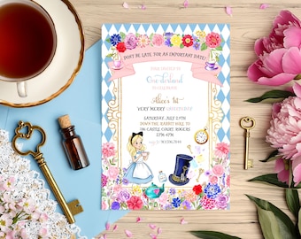 One-derland First Birthday Invitation | Whimsical Tea Party Floral Invite (Printed)
