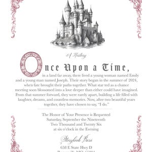 May include: A wedding invitation featuring a detailed sketch of a castle, ornate pink scrollwork borders, and the text: Chapter 1, A History, Once Upon a Time, in a land far away, there lived a young woman named Emily and a young man named Joseph.