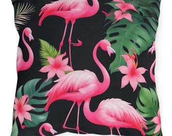 Cuscino da esterno con fenicotteri rosa tropicali, resistente ai raggi UV e all'acqua.