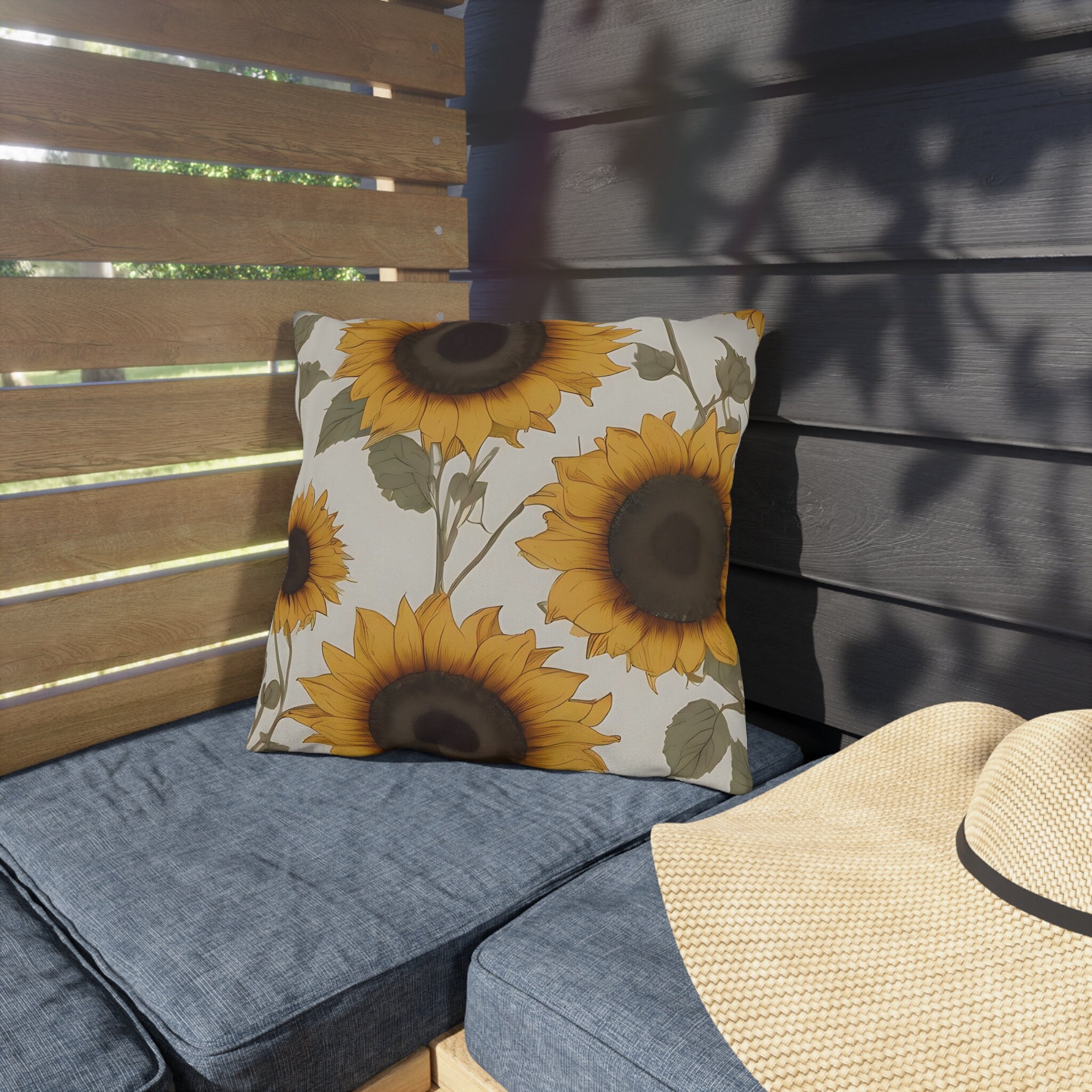 16x16 Sunflower Outdoor Waterproof Pillow, Sunflower Designed Outdoor Pillow, Sunflowers Yellow