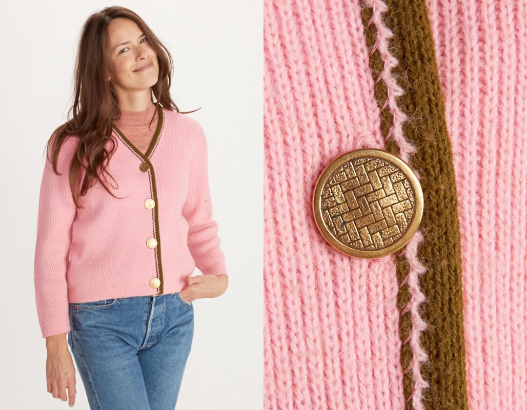 Vintage Pink and Green Cardigan Sweater With Gold Buttons Etsy