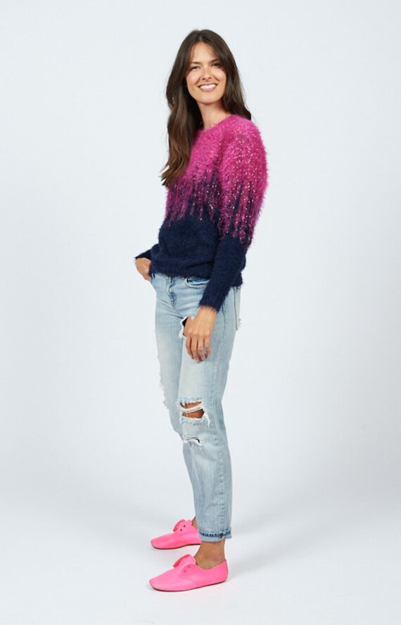 Vintage 80s Soft Fuzzy Knit Pink & Blue Sweater s… - image 3