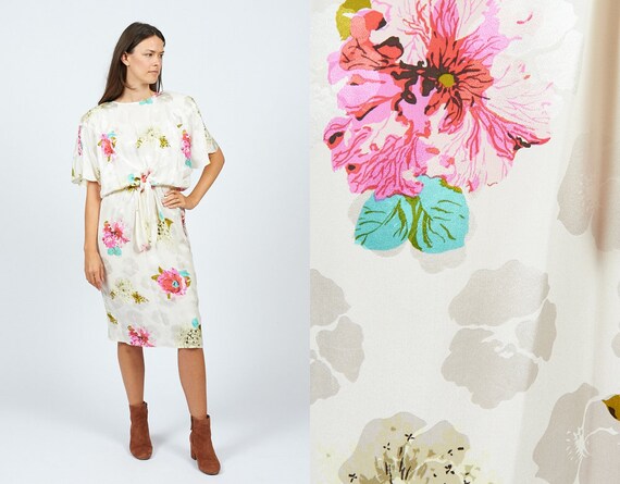 Vintage 80s Ivory Silk Floral Dress medium