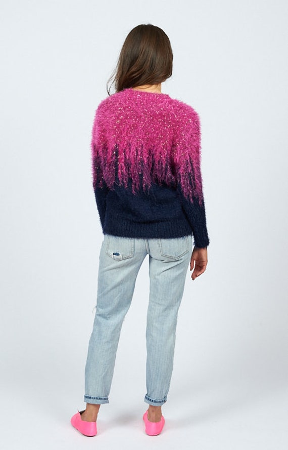 Vintage 80s Soft Fuzzy Knit Pink & Blue Sweater s… - image 4