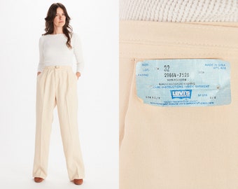 Vintage 80s Ivory Levi Strauss & Co Belted Straight Leg Trousers 33 Inch Waist