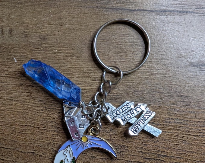 Camping Keychain: Moon Cabin Charm, Success Money Happiness