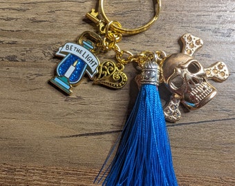 Homemade Pirate Skull Keychain: Blue Tassel Charm