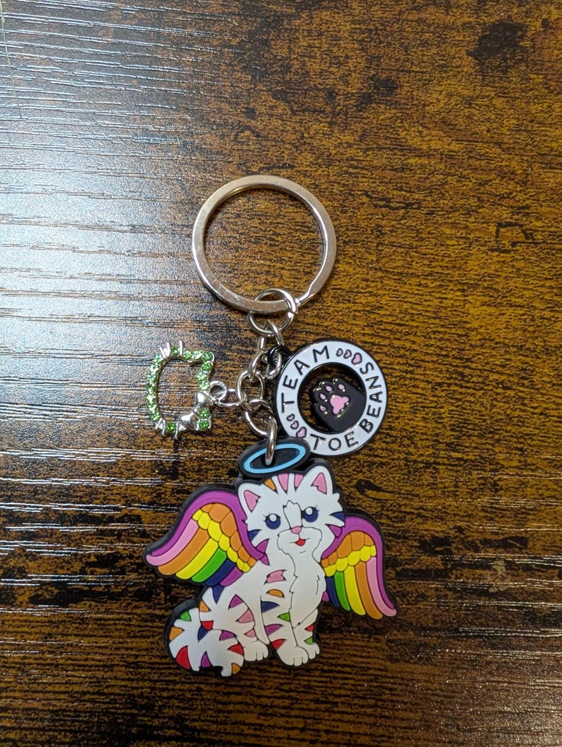 K&ouml;nnte beinhalten: Ein silberner Schl&uuml;sselanh&auml;nger mit einem Anh&auml;nger, der eine wei&szlig;e Katze mit Regenbogenfl&uuml;geln und einem Heiligenschein zeigt. Der Schl&uuml;sselanh&auml;nger enth&auml;lt auch einen Anh&auml;nger mit dem Text "TEAM ODDS BEAN TOE". Ein kleiner gr&uuml;ner Charm mit Strasssteinen ist ebenfalls angebracht.