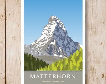Matterhorn, Zermatt, Switzerland.. A4, A3, A2, A1 in Retro, Art Deco style poster design