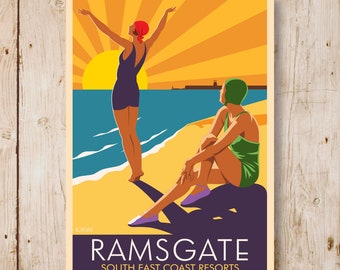 Ramsgate Bathing Girls Art Deco Poster. A4, A3, A2, A1 Travel Poster