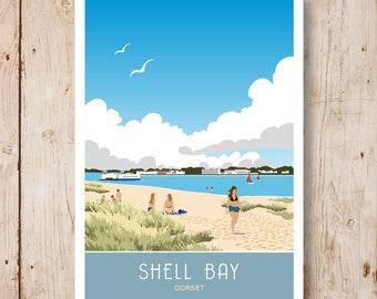 Shell-strand, Dorset. A4, A3, A2, A1 in retrostijl, posterontwerp in art-decostijl. Andere maten nu beschikbaar