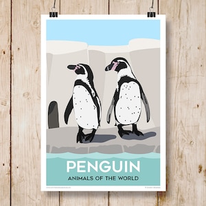 Pinguino, Animali del Mondo. Poster in stile viaggio disponibile nei formati A4, A3, A2, A1.