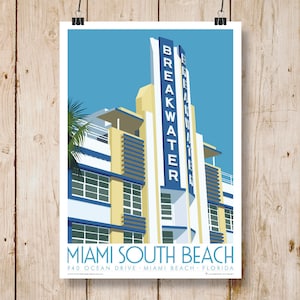 Miami, Amerika. The Breakwater Hotel, Miami, Florida 940 Ocean Drive - Reiseposter A4, A3, A2, A1. Art Déco. Miami Südstrand