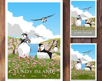 Lundy Island Puffins Sea Birds. Travel Poster. Retro Art print