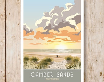 Camber Sands Sonnenaufgang, Sussex, Portrait. A4, A3, A2, A1 im Retro, Art Deco Stil Design. Weitere Größen erhältlich