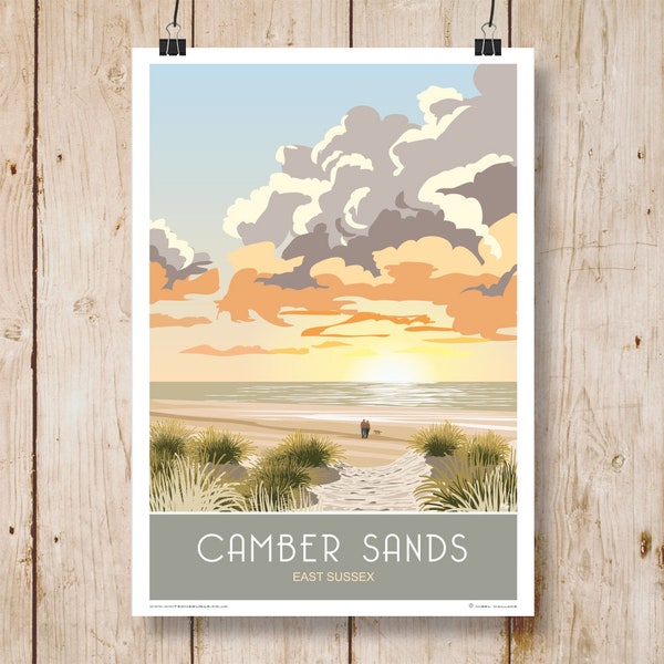 Camber Sands Sunrise, Sussex, Portrait. A4, A3, A2, A1 in Retro, Art Deco style design. Other sizes available