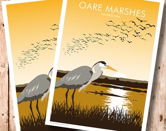 Oare Marshes, Heron, Faversham, Kent. Heron. Art Deco design, Print. Travel Poster.