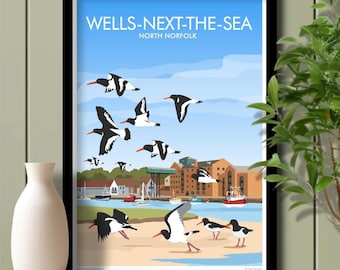 Oystercatchers, Quayside, Wells next the Sea, North Norfolk, Travel Poster, Art. Unframed print.