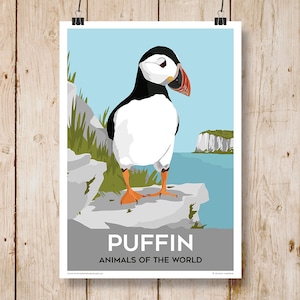 Puffin, Animali del mondo. Poster in stile viaggio disponibile in formato A4, A3, A2, A1