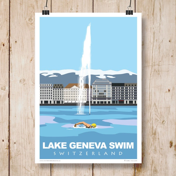 Lake Geneva Swim. Can be personalised. A4, A3, A2, A1