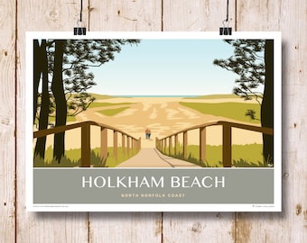 Holkham Beach Walkway. Modern travel poster of Holkham Beach, North Norfolk. Landscape. 2 versions available also portrait available.