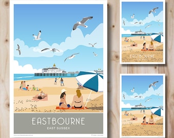 Eastbourne Beach, Sussex, Portrait, in Retro, Art Deco style design, Poster, Print. Travel Poster