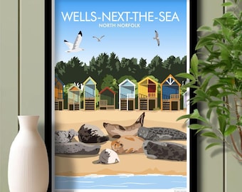 Seals, Wells next the Sea Beach, North Norfolk, Travel Poster, Art. Unframed print.