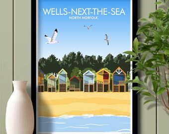 Beach Huts Wells next the Sea, North Norfolk, Travel Poster, Art. Unframed print.