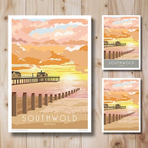 Southwold Pier, Sunrise, Suffolk Coast. Sunrise. Travel Poster,  Retro, Art Deco style design, Print. Wall art, Gift