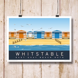 Whitstable East Quay. Travel poster of Beach Huts on Whitstable Beach, Kent Coast. A4, A3, A2, A1. Other sizes now available