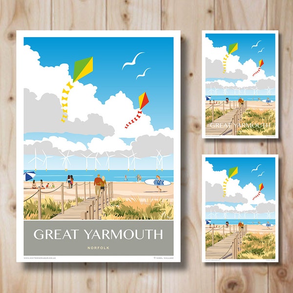 Great Yarmouth Poster, Print, Norfolk Coast. Portrait,  Retro, Art Deco style design, Print. Travel Poster Gift