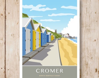 Cromer Beach Huts. A4, A3, A2, A1 in Retro, Art Deco style design. Portrait & Landscape