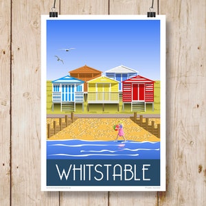 Whitstable Beach Huts. Travel poster of  Tankerton Slopes, Kent Coast. A4, A3, A2, A1.