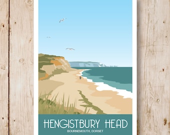 Hengistbury Head. Kunstdruk Reisposter van Bournemouth, Christchurch, Dorset. Portret en landschap. Andere maten nu beschikbaar