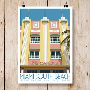 Ocean Drive, Miami, USA. Travel poster of The Carlyle Hotel, 1250 Ocean Drive, Florida A4, A3, A2, A1. Art Deco. Miami South Beach, America