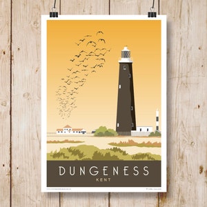 Dungeness Lighthouse, Sunset, Kent. A4, A3, A2, A1 Travel Poster Art Print