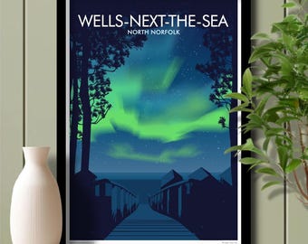 Northern Lights, Wells next the Sea, North Norfolk, Travel Poster, Art. Unframed print.