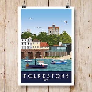 Folkestone Hafen. Kunstdruck Reise/Eisenbahn Poster von Folkestone Hafen & Rocksalt Restaurant. DIN A4, A3, A2. Andere Größen sofort verfügbar