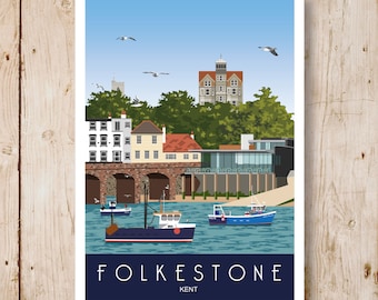 Folkestone Harbour. Art print Travel/Railway Poster of Folkestone Harbour & Rocksalt Restaurant. A4, A3, A2. Other sizes now available
