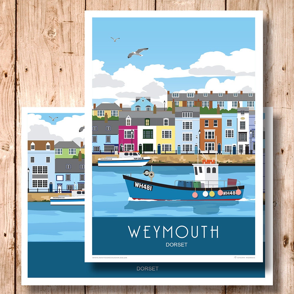 Havenfront van Weymouth. Dorset. A4, A3, A2, A1. Reis-/spoorwegposter. Portret en landschap. Andere maten nu beschikbaar