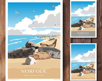 Norfolk Seals, North Norfolk. Retro Art Deco style design, Travel Poster, Print.