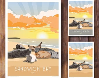 Sandwich Bay Seals Sunrise,  Kent, Travel Portrait, in Retro, Art Deco