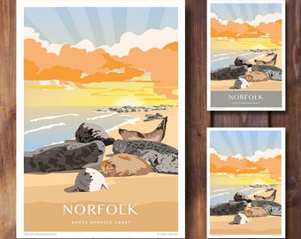 Norfolk Seals Sunrise, North Norfolk. Retro Art Deco style design, Travel Poster, Print.
