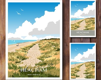 Heacham Coastal Path, Travel Poster, Beach Dog Walking, West Norfolk, Portrait, in Retro, Art Deco style design Print