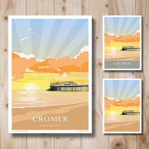 Poster/Print Cromer Pier Sunrise, North Norfolk, Art Deco style design, Poster, Print. Travel Poster Three versions